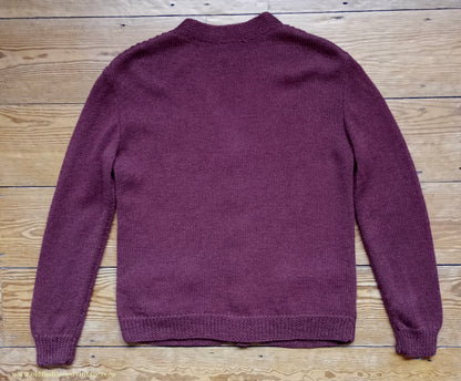 Vintage Mens 1950s 1960s Hand Knitted Cardigan Sweater Burgundy Knit Wool Jacket M