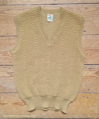 Vintage Mens 1950s Mustard Yellow Slipover Wool Sleeveless Sweater Vest Tank Top Machine Knitted S