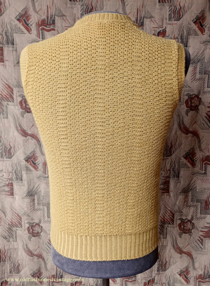 Vintage Mens 1950s Mustard Yellow Slipover Wool Sleeveless Sweater Vest Tank Top Machine Knitted S