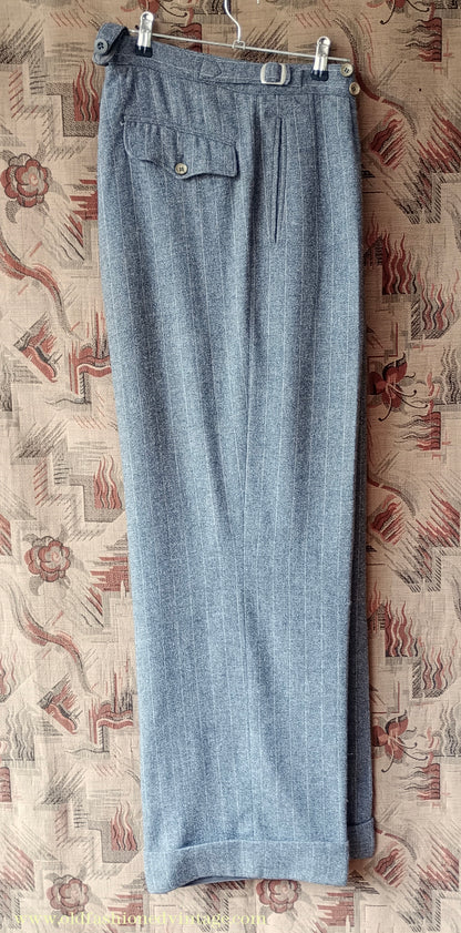 Vintage Mens 1940s Grey Pinstripe Flannel Trousers Pants 30"