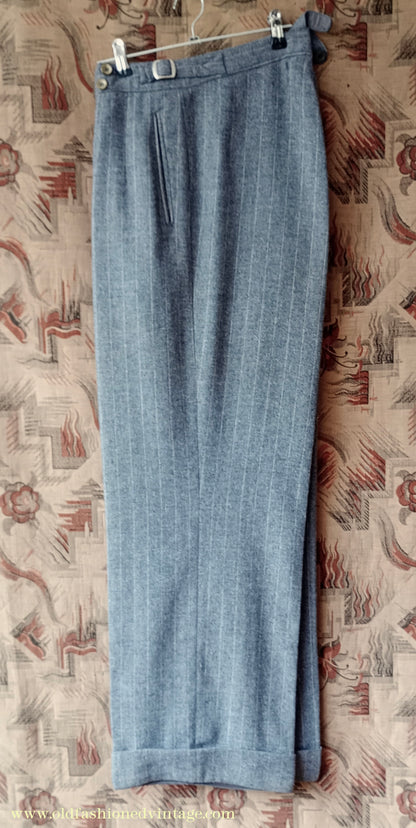 Vintage Mens 1940s Grey Pinstripe Flannel Trousers Pants 30"