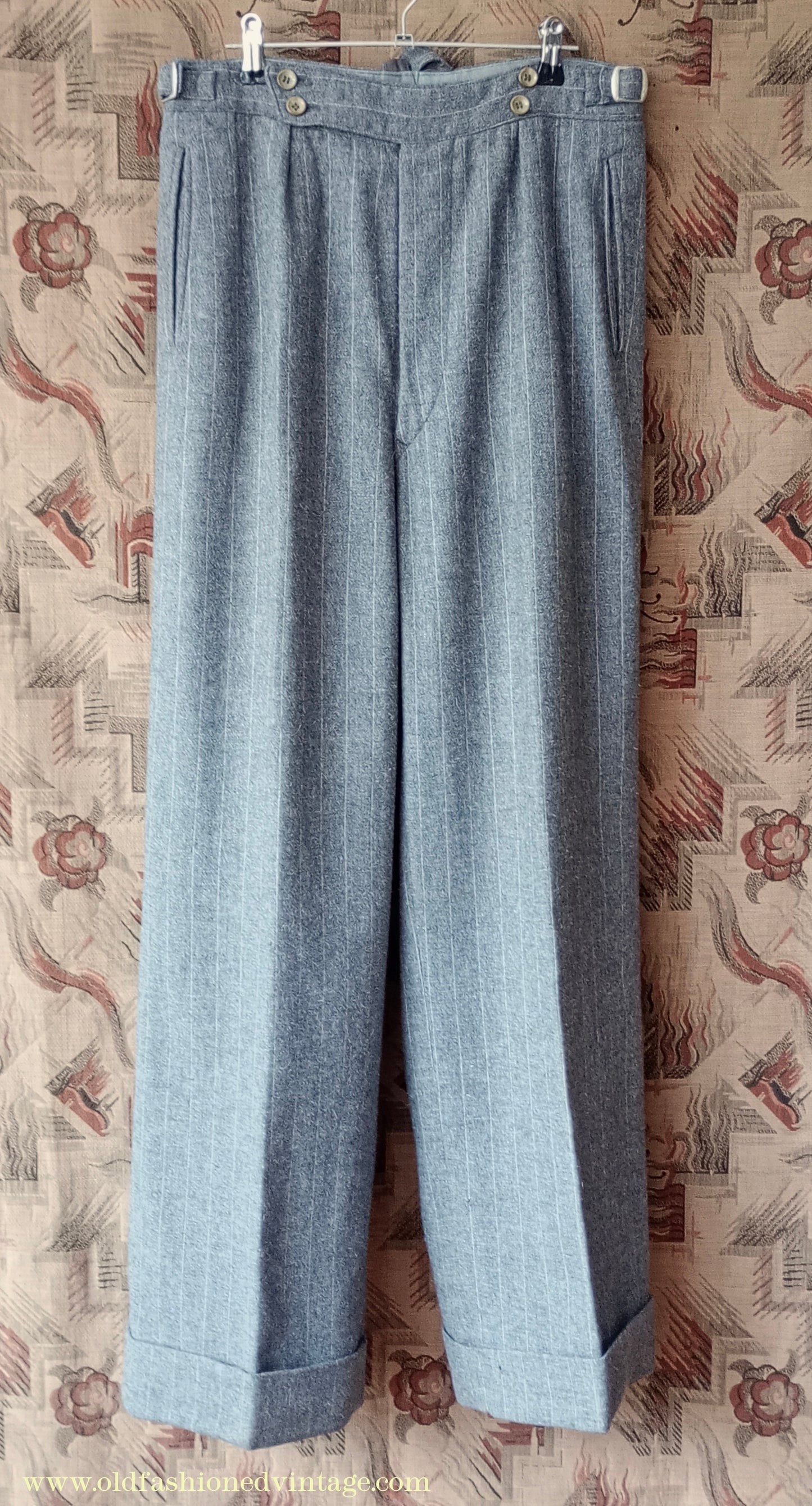 Vintage Mens 1940s Grey Pinstripe Flannel Trousers Pants 30"