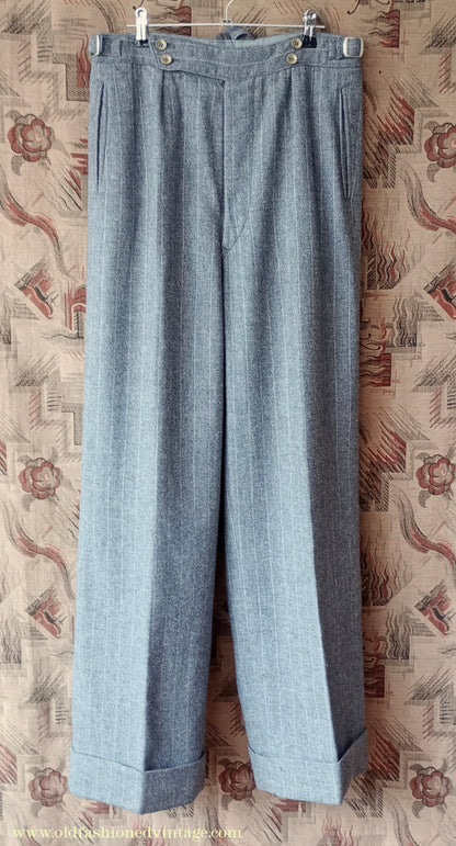 Vintage Mens 1940s Grey Pinstripe Flannel Trousers Pants 30"