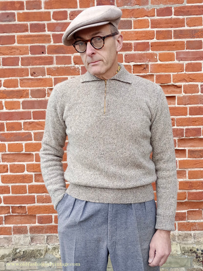 Old Fashioned Garments Vintage Reproduction 1940s Mens Zip Neck Jumper Polo Collar Beige Shetland Wool Sweater Lumberjacket Medium