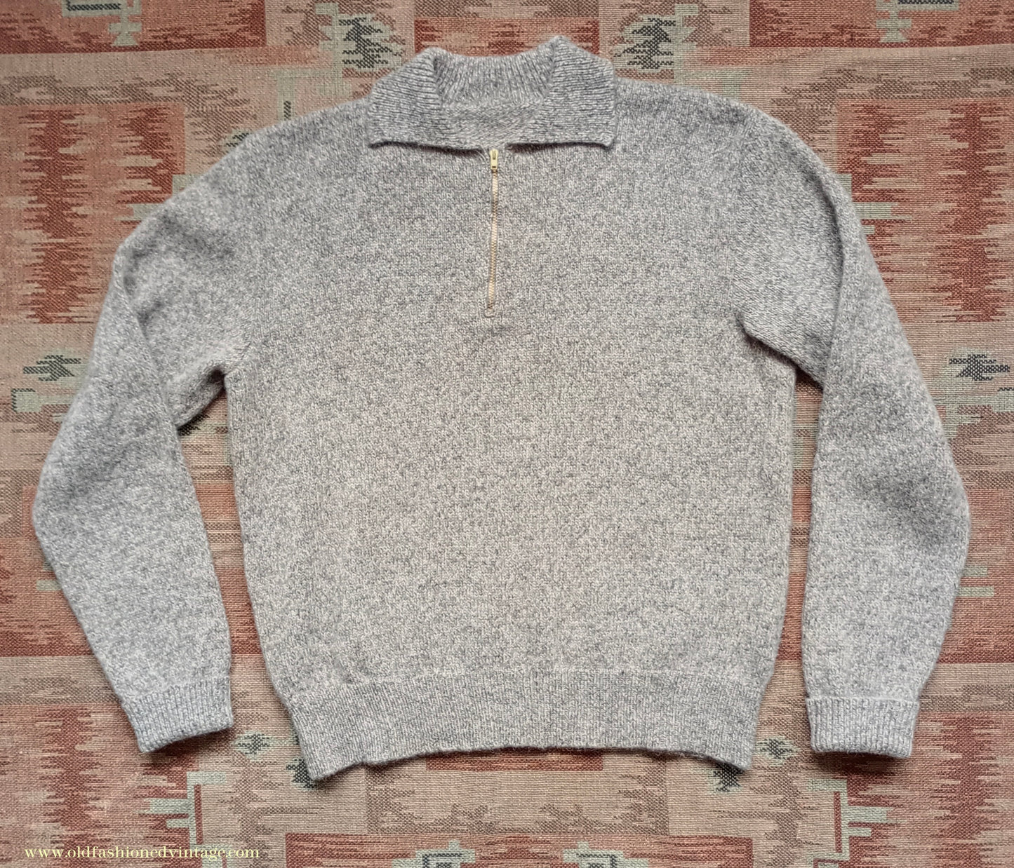 Old Fashioned Garments Vintage Reproduction 1940s Mens Zip Neck Jumper Polo Collar Beige Shetland Wool Sweater Lumberjacket Medium