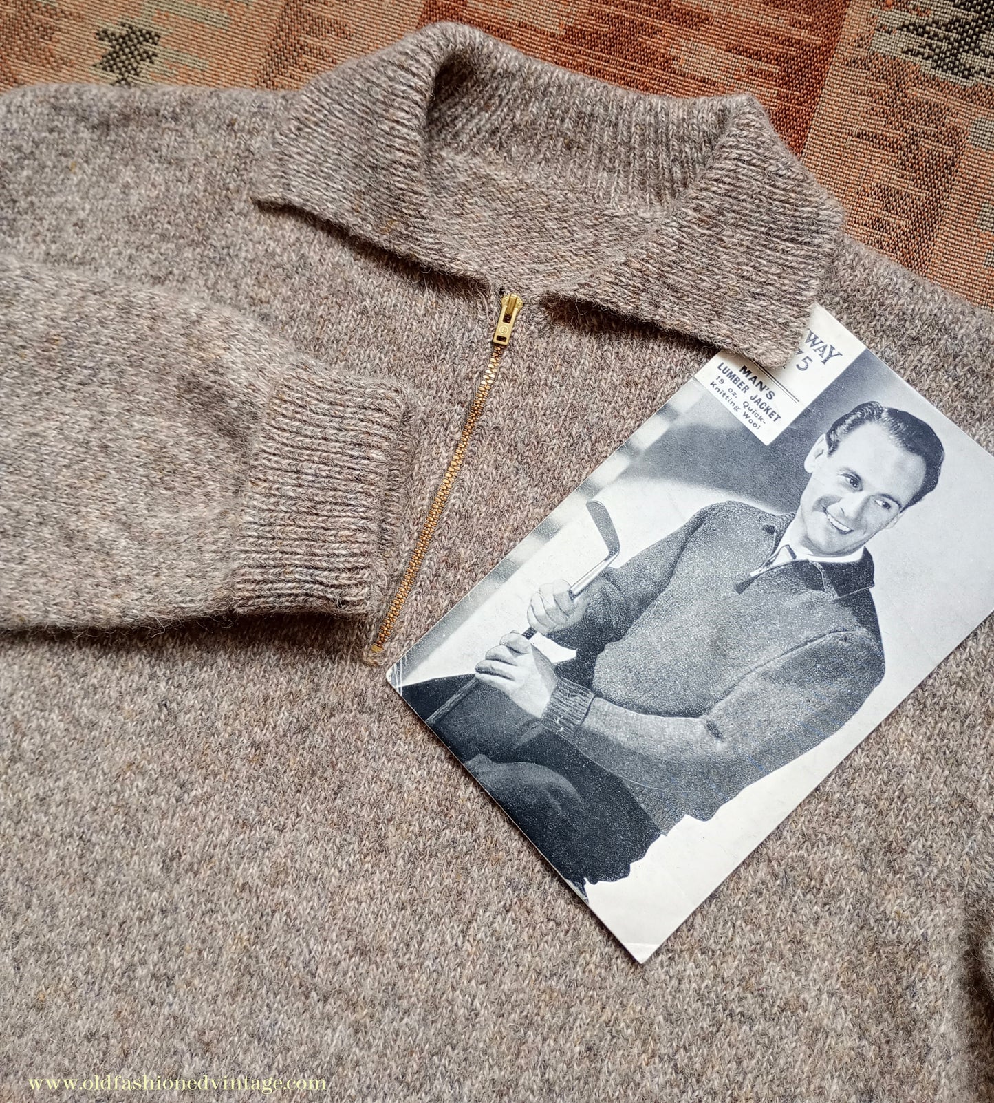 Old Fashioned Garments Vintage Reproduction 1940s Mens Zip Neck Jumper Polo Collar Beige Shetland Wool Sweater Lumberjacket Medium