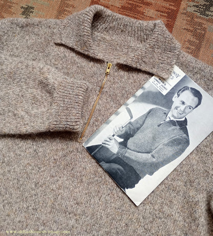 Old Fashioned Garments Vintage Reproduction 1940s Mens Zip Neck Jumper Polo Collar Beige Shetland Wool Sweater Lumberjacket Medium