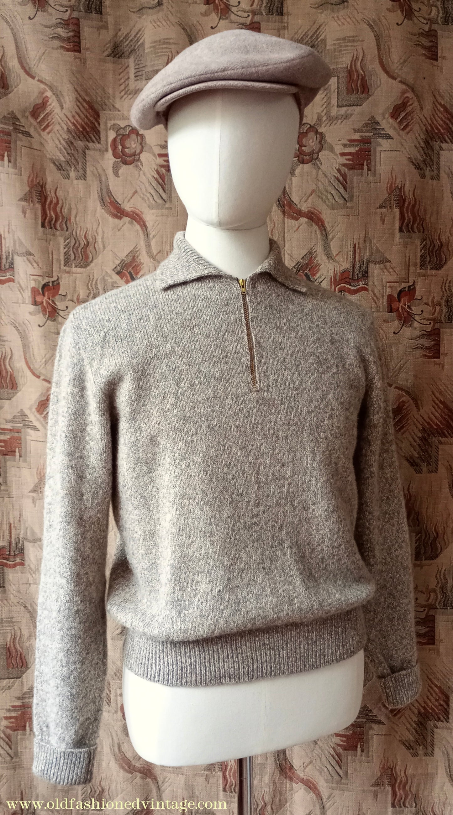 Old Fashioned Garments Vintage Reproduction 1940s Mens Zip Neck Jumper Polo Collar Beige Shetland Wool Sweater Lumberjacket Medium