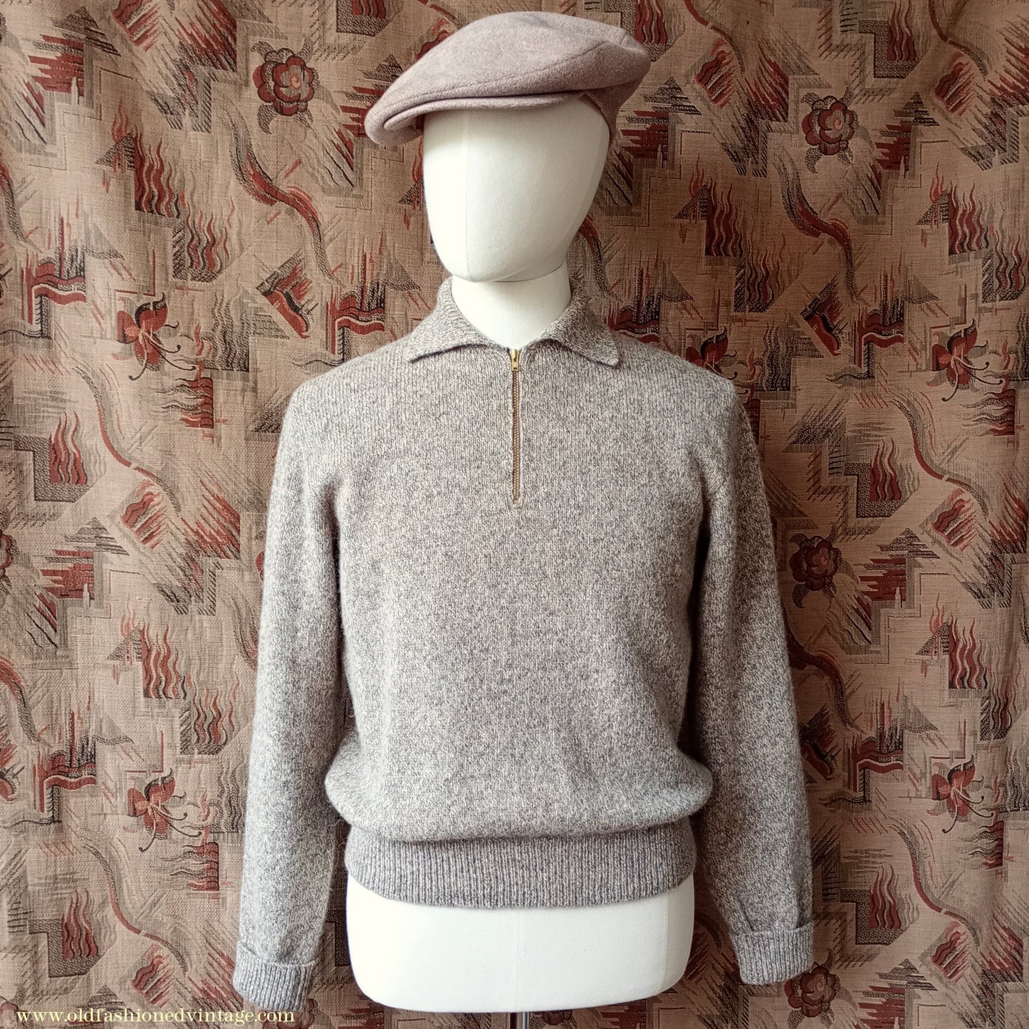 Old Fashioned Garments Vintage Reproduction 1940s Mens Zip Neck Jumper Polo Collar Beige Shetland Wool Sweater Lumberjacket Medium
