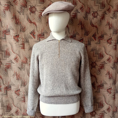 Old Fashioned Garments Vintage Reproduction 1940s Mens Zip Neck Jumper Polo Collar Beige Shetland Wool Sweater Lumberjacket Medium