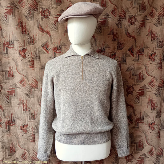 Old Fashioned Garments Vintage Reproduction 1940s Mens Zip Neck Jumper Polo Collar Beige Shetland Wool Sweater Lumberjacket Medium