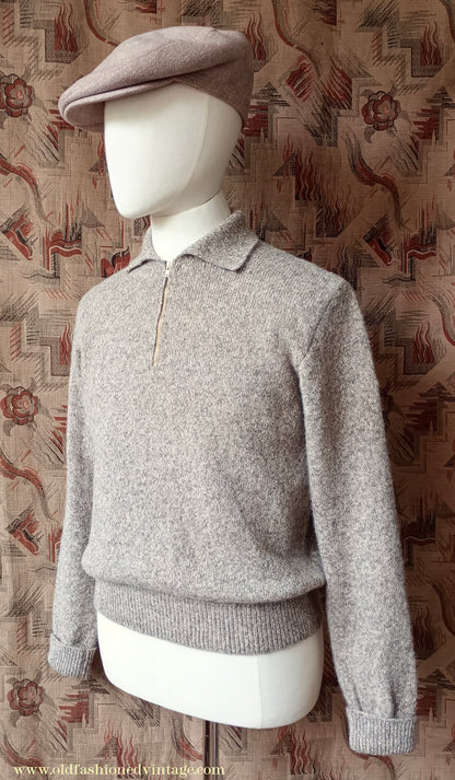 Old Fashioned Garments Vintage Reproduction 1940s Mens Zip Neck Jumper Polo Collar Beige Shetland Wool Sweater Lumberjacket Medium