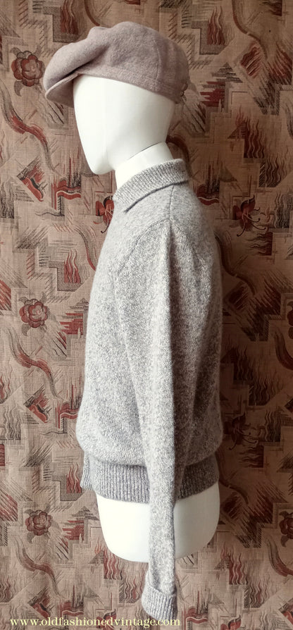 Old Fashioned Garments Vintage Reproduction 1940s Mens Zip Neck Jumper Polo Collar Beige Shetland Wool Sweater Lumberjacket Medium