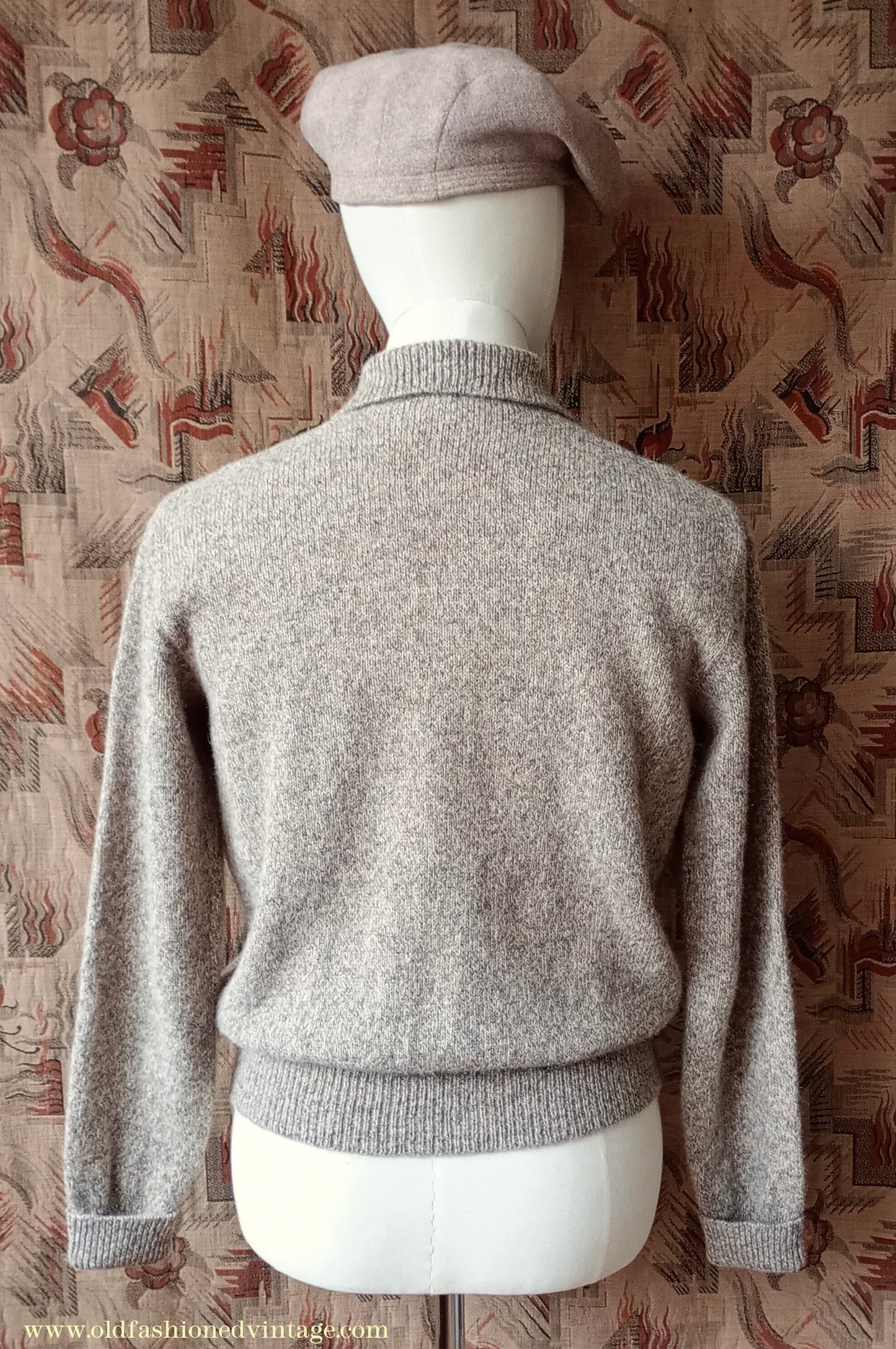 Old Fashioned Garments Vintage Reproduction 1940s Mens Zip Neck Jumper Polo Collar Beige Shetland Wool Sweater Lumberjacket Medium