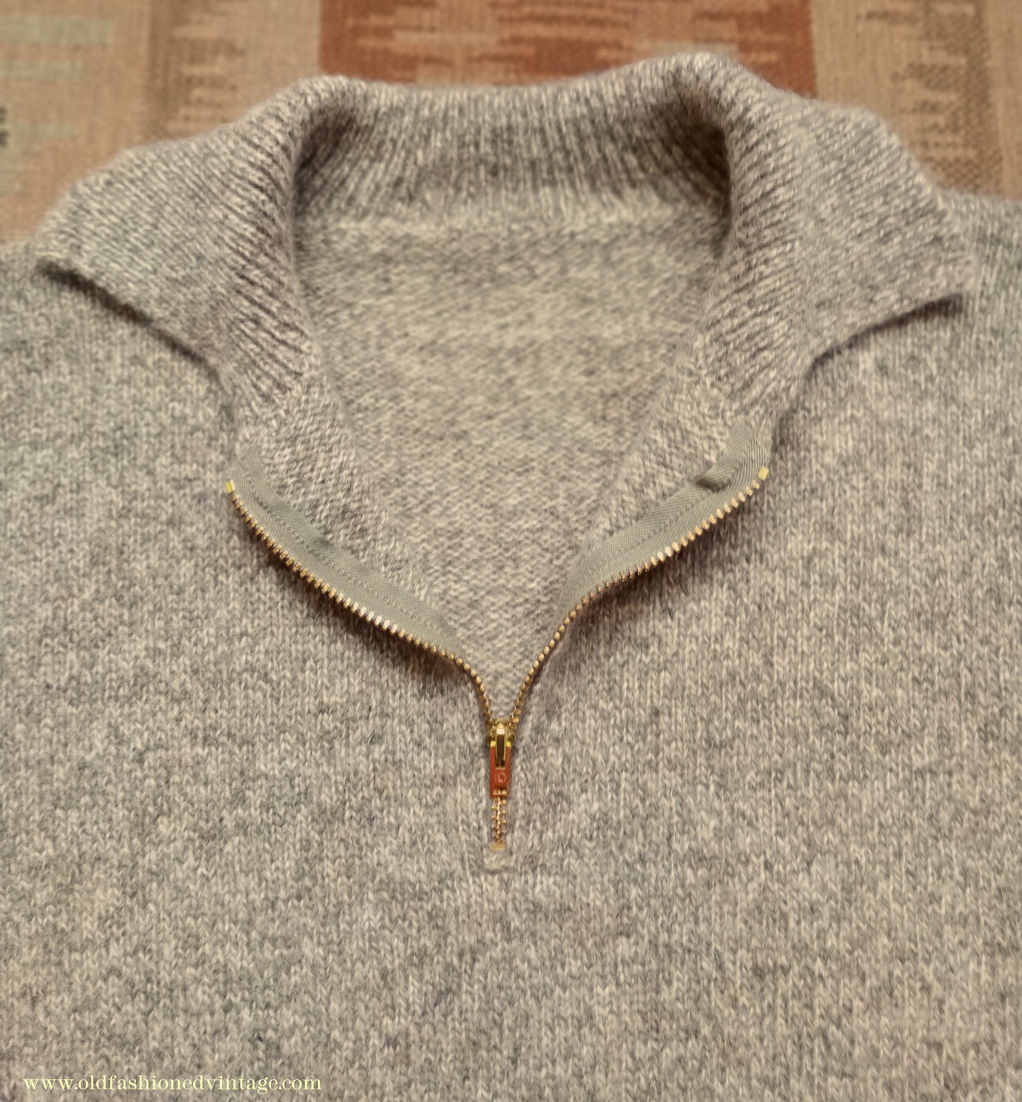 Old Fashioned Garments Vintage Reproduction 1940s Mens Zip Neck Jumper Polo Collar Beige Shetland Wool Sweater Lumberjacket Medium