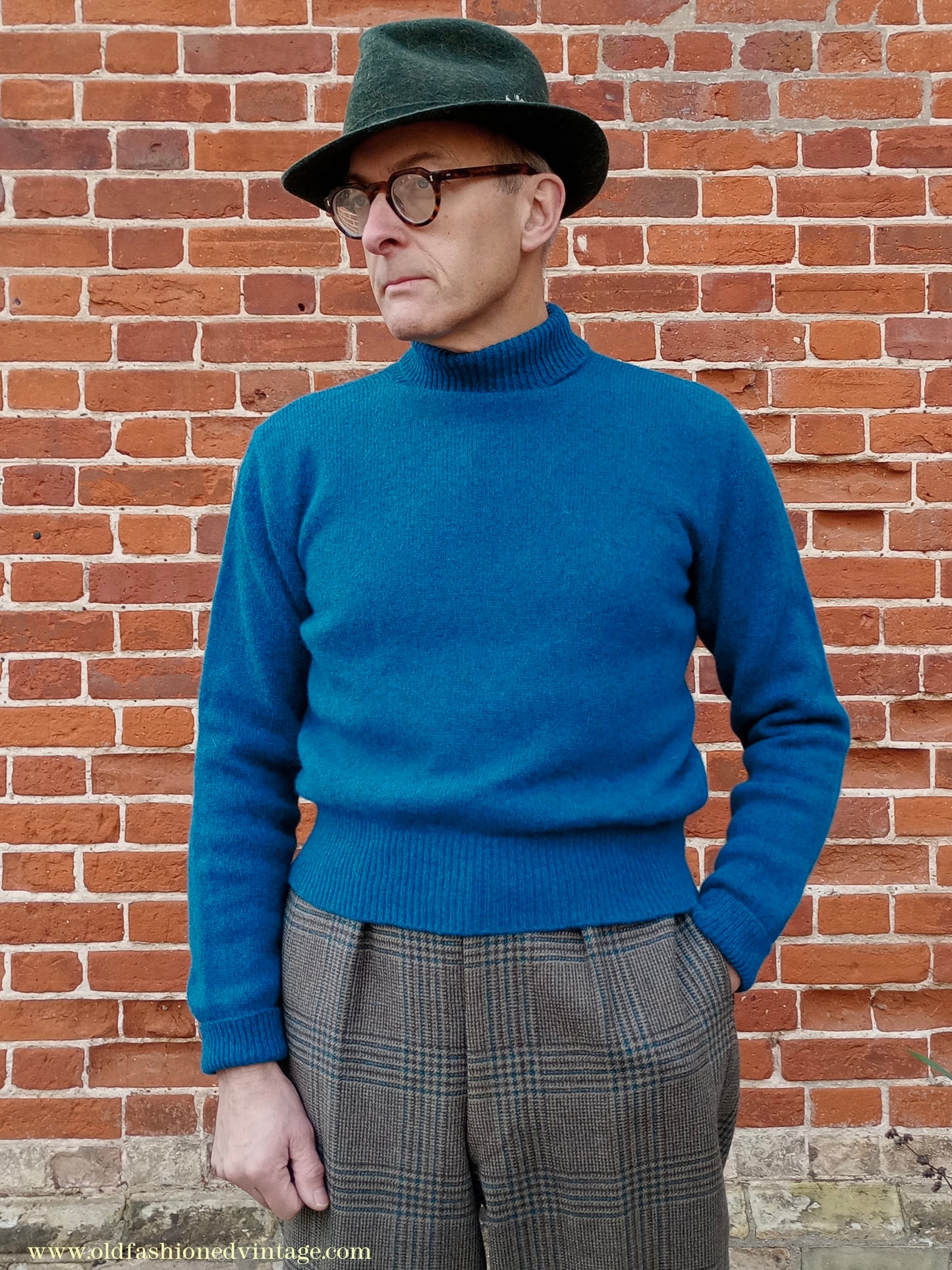 Old Fashioned Garments Vintage Reproduction 1930s 1940s Mens Roll Neck Jumper Petrol Blue Green Shetland Wool Polo Turtle Sweater M L