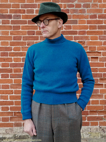Old Fashioned Garments Vintage Reproduction 1930s 1940s Mens Roll Neck Jumper Petrol Blue Green Shetland Wool Polo Turtle Sweater M L