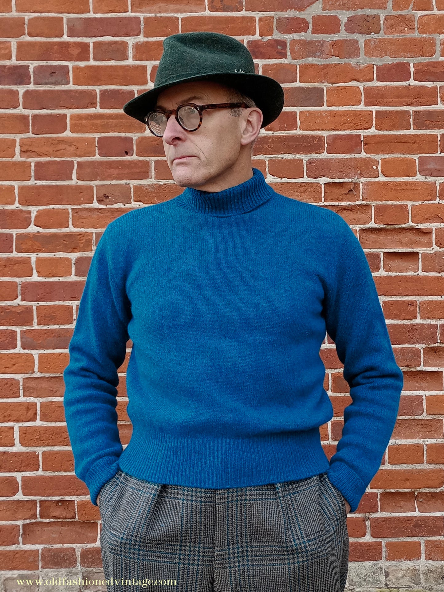 Old Fashioned Garments Vintage Reproduction 1930s 1940s Mens Roll Neck Jumper Petrol Blue Green Shetland Wool Polo Turtle Sweater M L