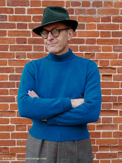 Old Fashioned Garments Vintage Reproduction 1930s 1940s Mens Roll Neck Jumper Petrol Blue Green Shetland Wool Polo Turtle Sweater M L