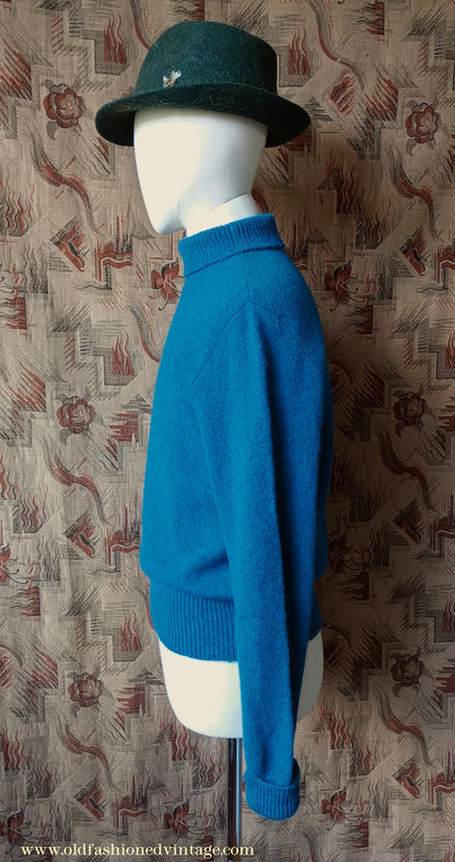 Old Fashioned Garments Vintage Reproduction 1930s 1940s Mens Roll Neck Jumper Petrol Blue Green Shetland Wool Polo Turtle Sweater M L