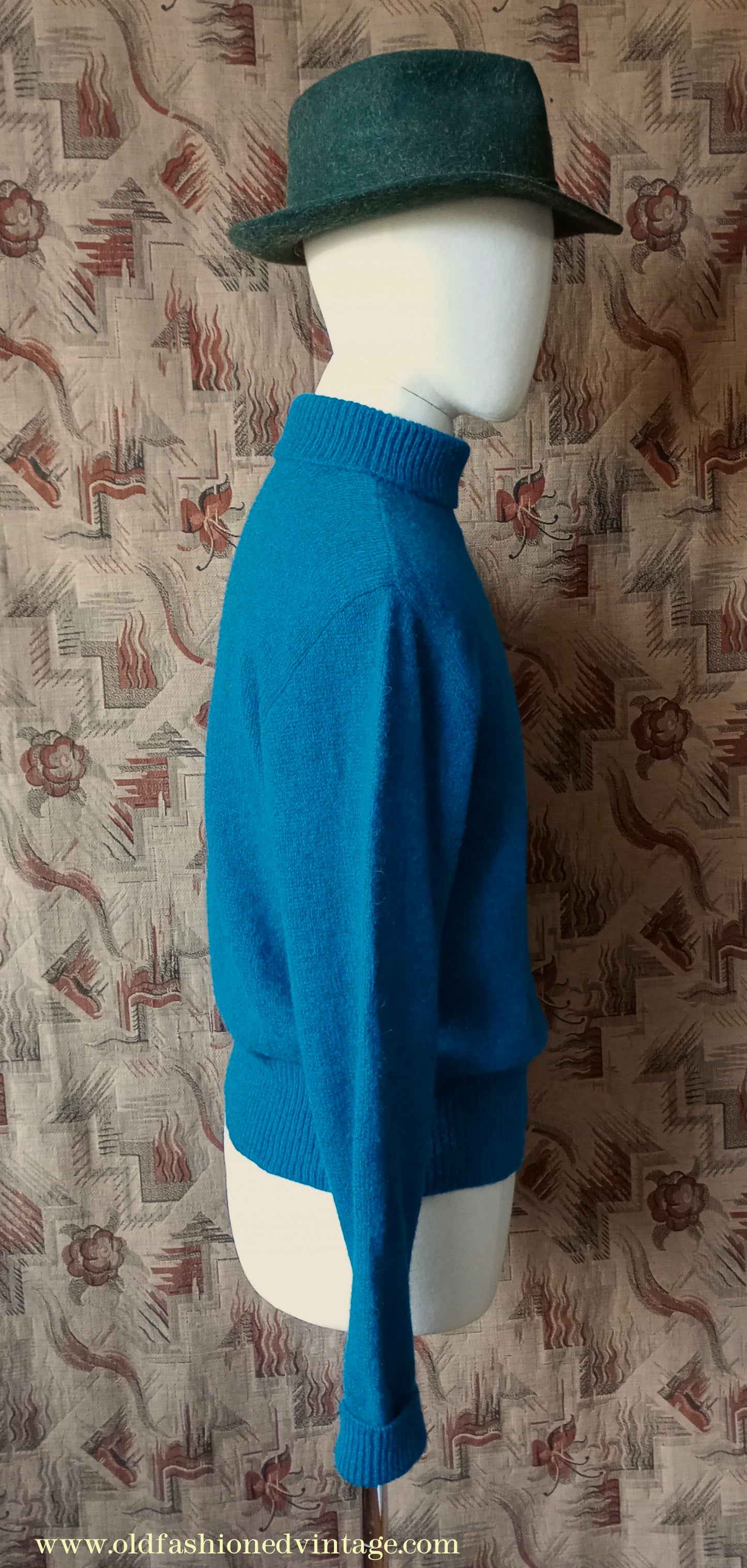 Old Fashioned Garments Vintage Reproduction 1930s 1940s Mens Roll Neck Jumper Petrol Blue Green Shetland Wool Polo Turtle Sweater M L