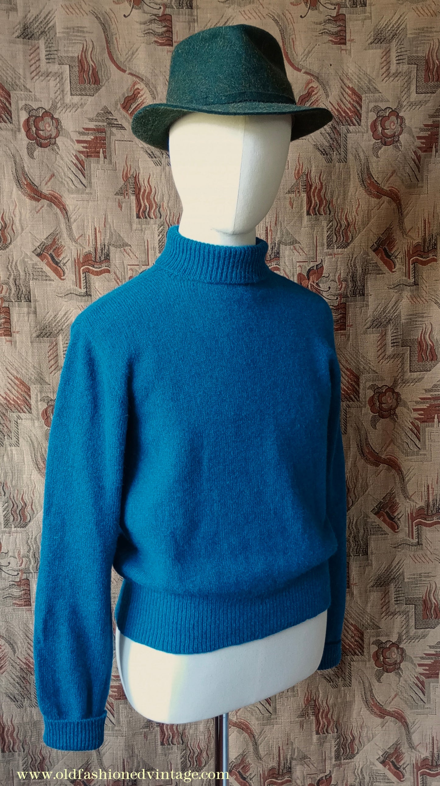 Old Fashioned Garments Vintage Reproduction 1930s 1940s Mens Roll Neck Jumper Petrol Blue Green Shetland Wool Polo Turtle Sweater M L