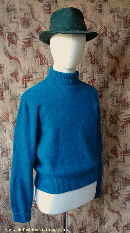 Old Fashioned Garments Vintage Reproduction 1930s 1940s Mens Roll Neck Jumper Petrol Blue Green Shetland Wool Polo Turtle Sweater M L