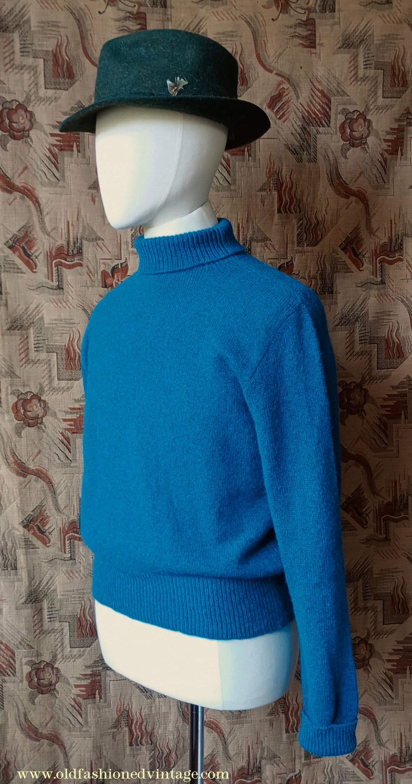 Old Fashioned Garments Vintage Reproduction 1930s 1940s Mens Roll Neck Jumper Petrol Blue Green Shetland Wool Polo Turtle Sweater M L