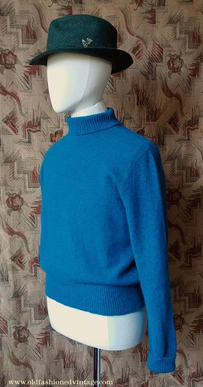 Old Fashioned Garments Vintage Reproduction 1930s 1940s Mens Roll Neck Jumper Petrol Blue Green Shetland Wool Polo Turtle Sweater M L