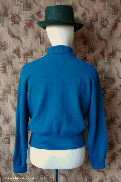 Old Fashioned Garments Vintage Reproduction 1930s 1940s Mens Roll Neck Jumper Petrol Blue Green Shetland Wool Polo Turtle Sweater M L