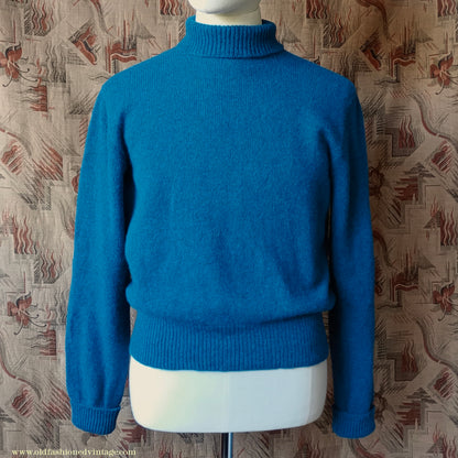 Old Fashioned Garments Vintage Reproduction 1930s 1940s Mens Roll Neck Jumper Petrol Blue Green Shetland Wool Polo Turtle Sweater M L