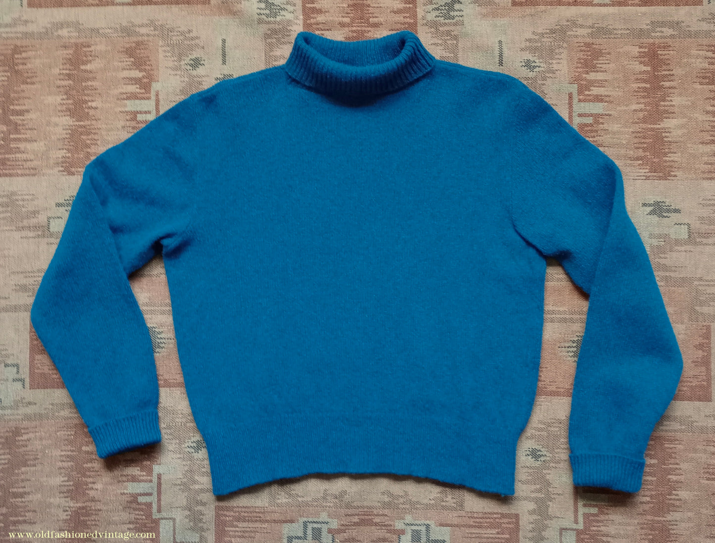 Old Fashioned Garments Vintage Reproduction 1930s 1940s Mens Roll Neck Jumper Petrol Blue Green Shetland Wool Polo Turtle Sweater M L