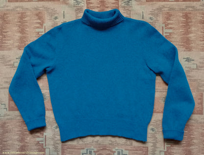 Old Fashioned Garments Vintage Reproduction 1930s 1940s Mens Roll Neck Jumper Petrol Blue Green Shetland Wool Polo Turtle Sweater M L