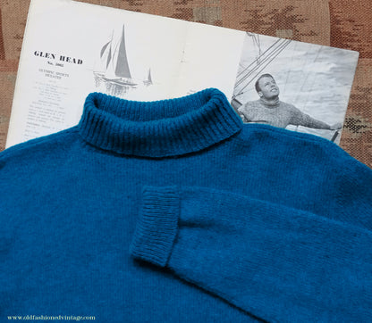 Old Fashioned Garments Vintage Reproduction 1930s 1940s Mens Roll Neck Jumper Petrol Blue Green Shetland Wool Polo Turtle Sweater M L