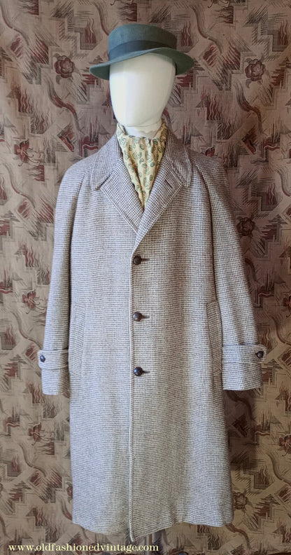 Vintage Mens 1950s Harris Tweed Raglan Overcoat Balmacaan Coat Brown Blue Beige Check S M