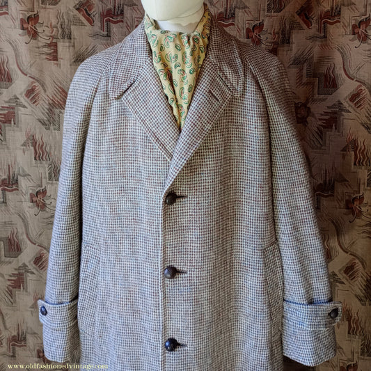 Vintage Mens 1950s Harris Tweed Raglan Overcoat Balmacaan Coat Brown Blue Beige Check S M