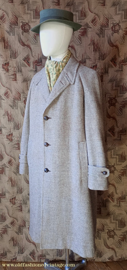 Vintage Mens 1950s Harris Tweed Raglan Overcoat Balmacaan Coat Brown Blue Beige Check S M
