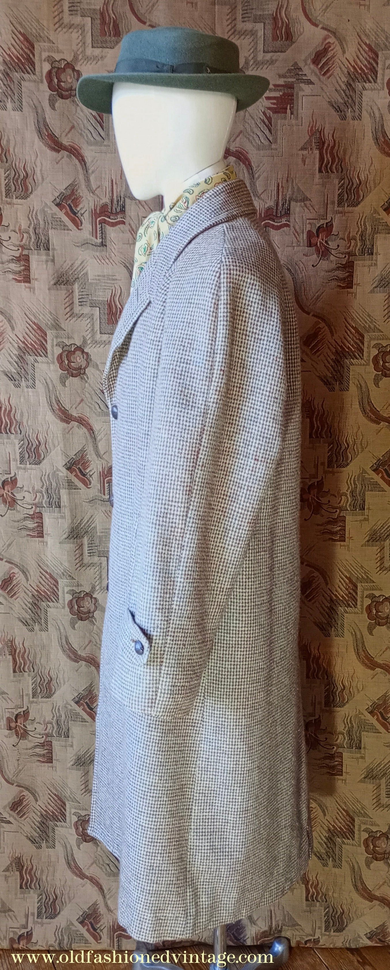 Vintage Mens 1950s Harris Tweed Raglan Overcoat Balmacaan Coat Brown Blue Beige Check S M