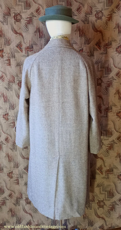 Vintage Mens 1950s Harris Tweed Raglan Overcoat Balmacaan Coat Brown Blue Beige Check S M
