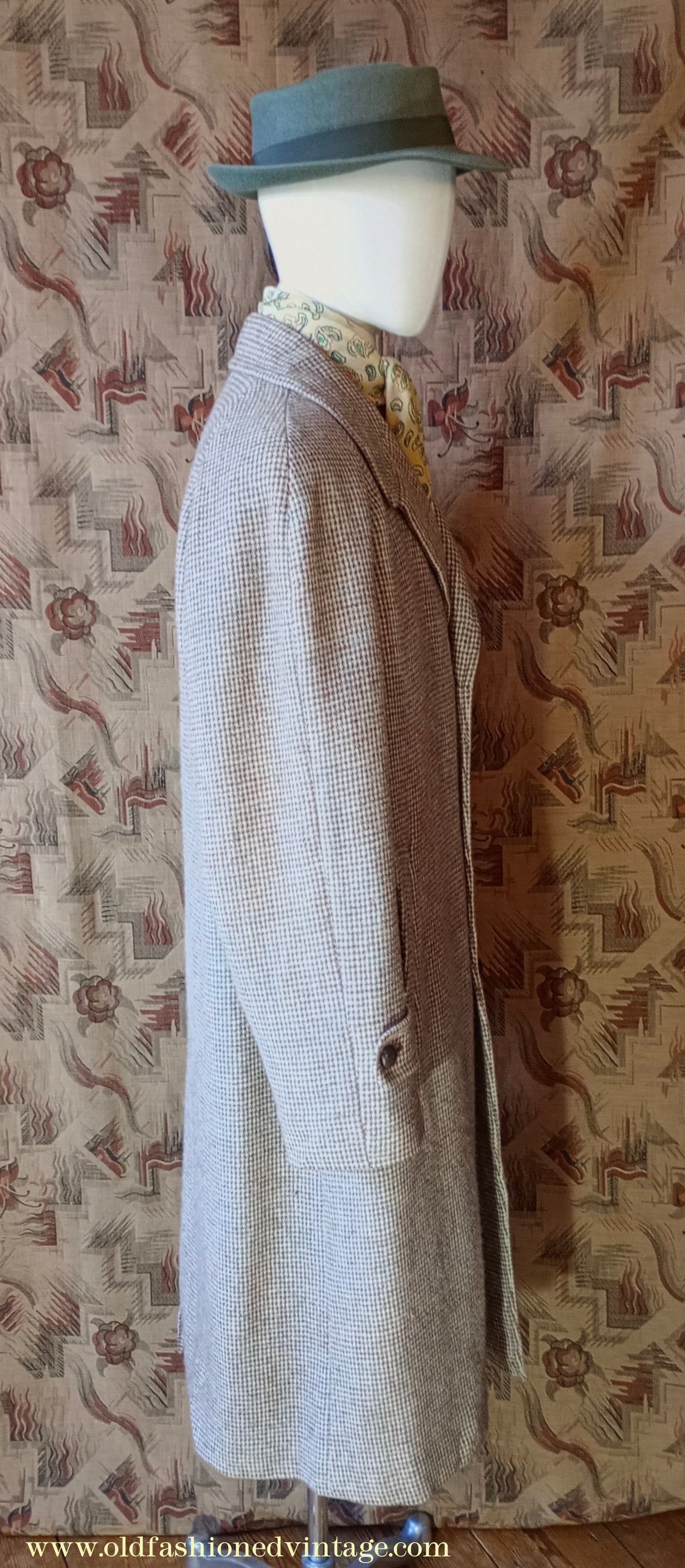 Vintage Mens 1950s Harris Tweed Raglan Overcoat Balmacaan Coat Brown Blue Beige Check S M