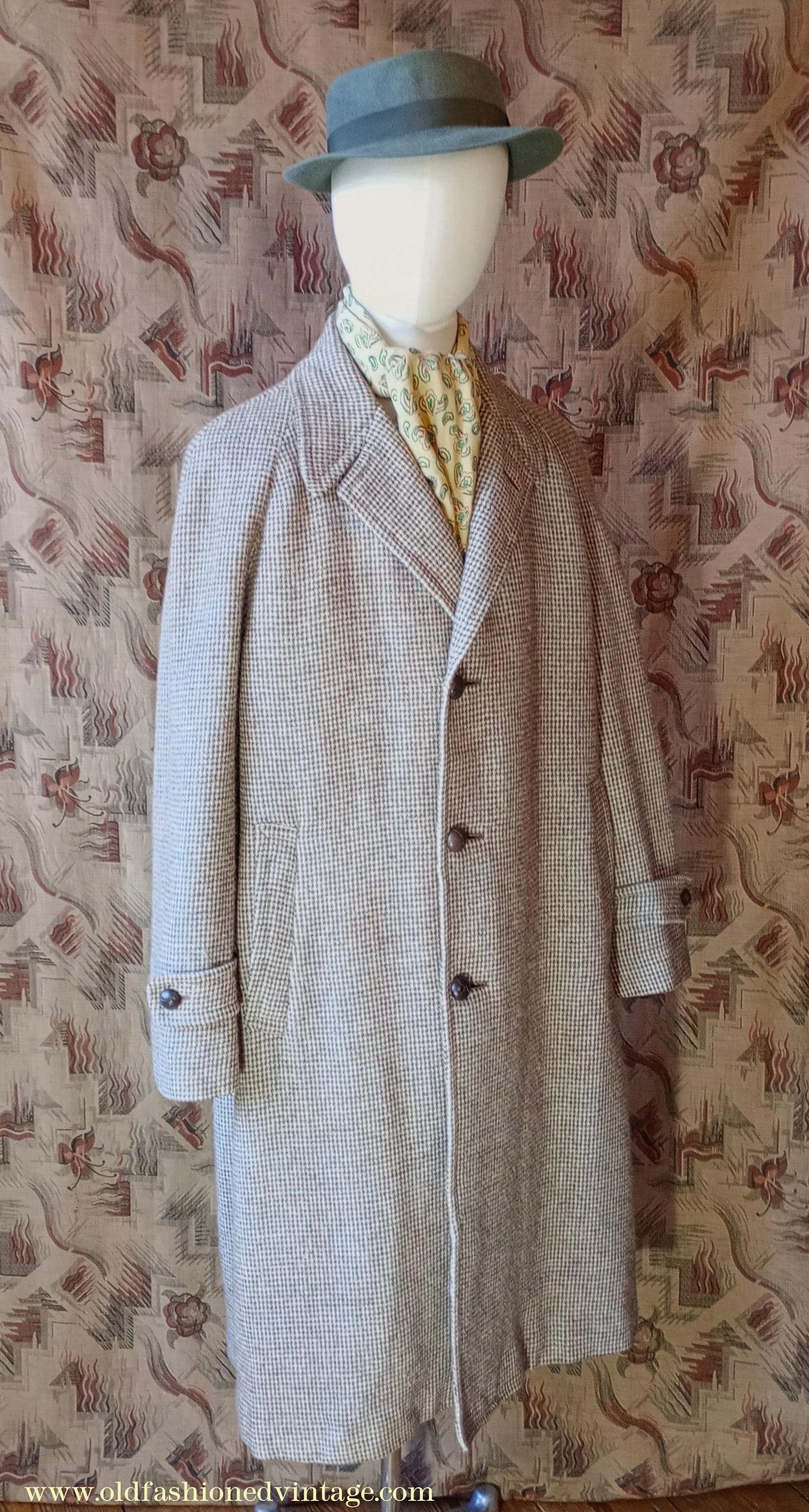 Vintage Mens 1950s Harris Tweed Raglan Overcoat Balmacaan Coat Brown Blue Beige Check S M