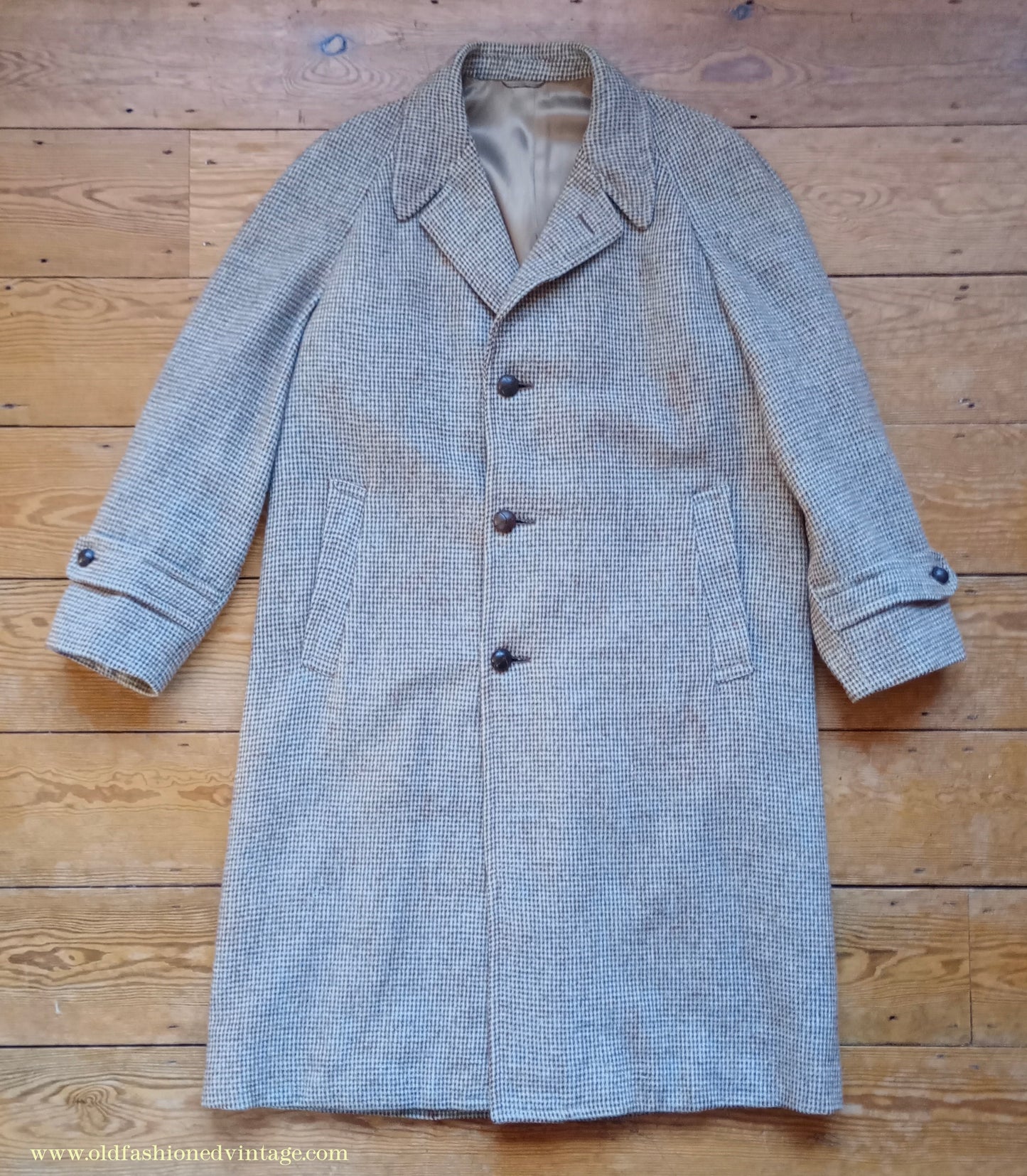 Vintage Mens 1950s Harris Tweed Raglan Overcoat Balmacaan Coat Brown Blue Beige Check S M