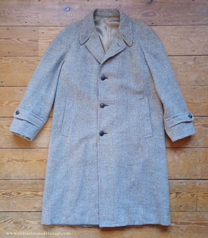 Vintage Mens 1950s Harris Tweed Raglan Overcoat Balmacaan Coat Brown Blue Beige Check S M