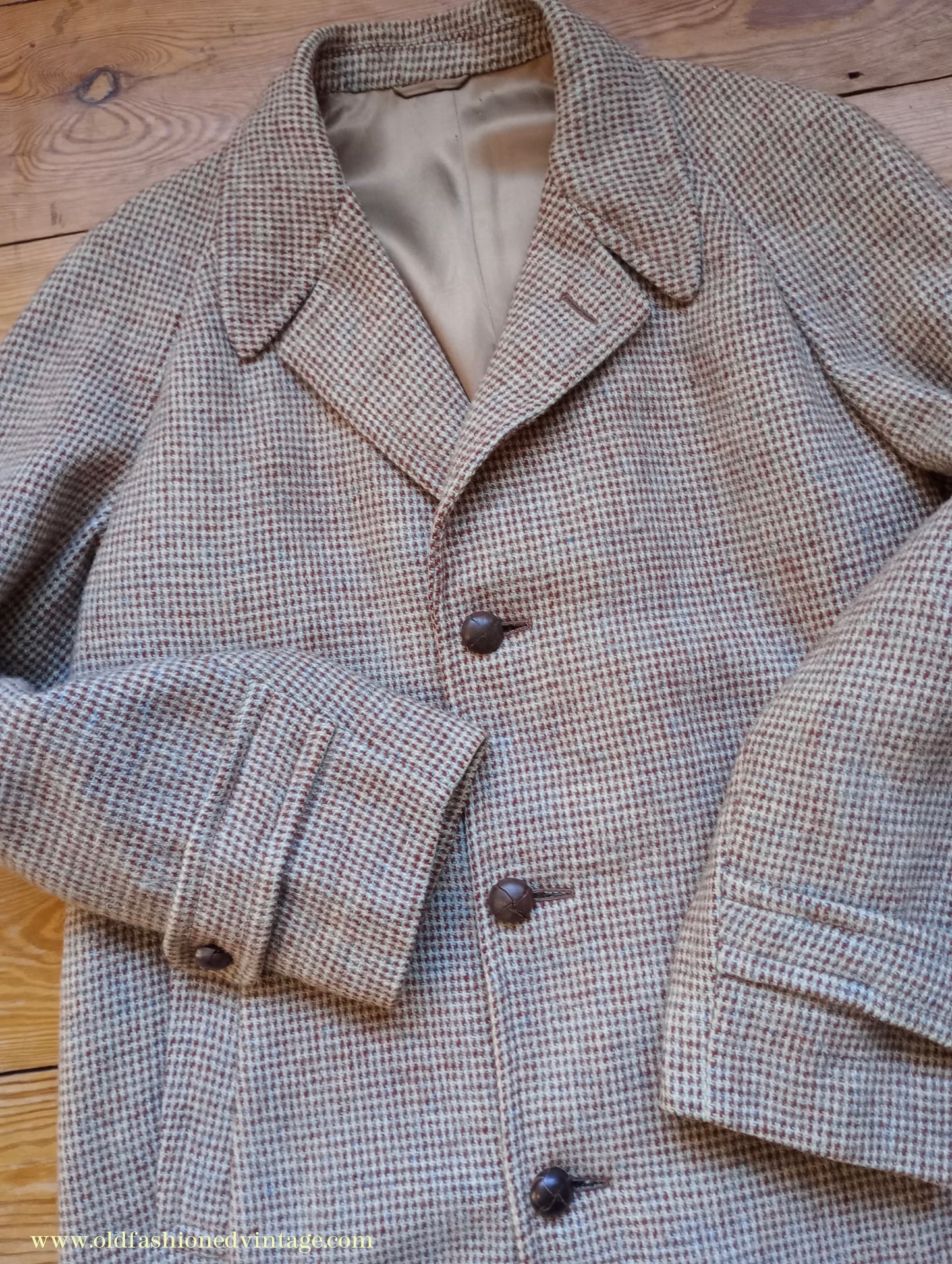 Vintage Mens 1950s Harris Tweed Raglan Overcoat Balmacaan Coat Brown Blue Beige Check S M