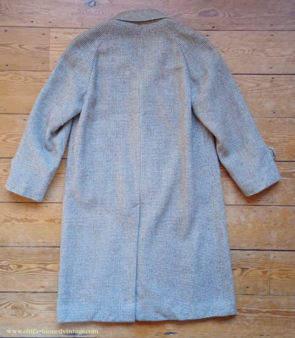 Vintage Mens 1950s Harris Tweed Raglan Overcoat Balmacaan Coat Brown Blue Beige Check S M