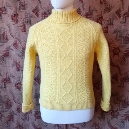 Vintage Mens 1950s 1960s Roll Neck Jumper Sweater Pullover Fancy Rib Ribbed Yellow Wool S