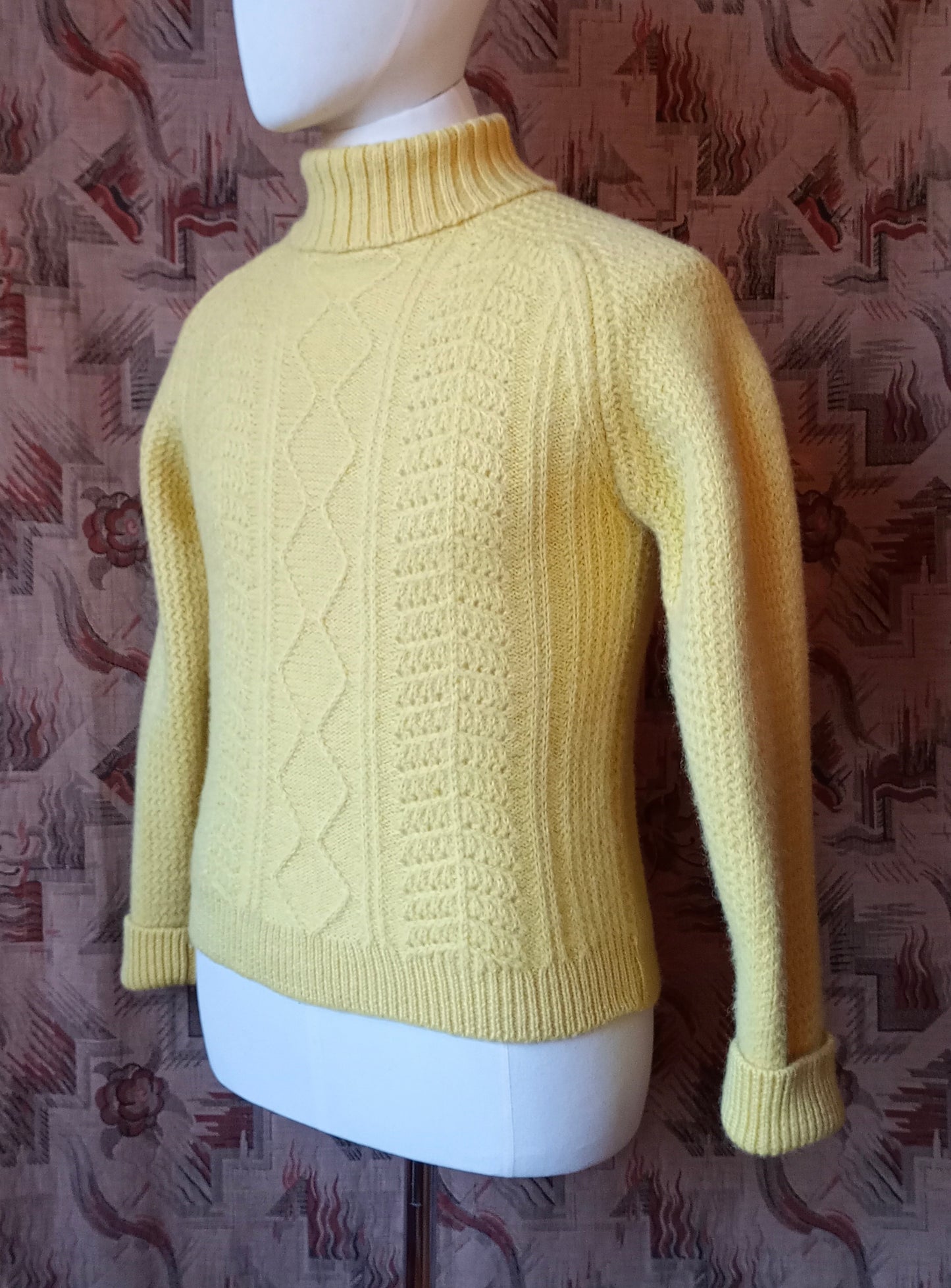 Vintage Mens 1950s 1960s Roll Neck Jumper Sweater Pullover Fancy Rib Ribbed Yellow Wool S