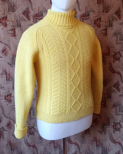 Vintage Mens 1950s 1960s Roll Neck Jumper Sweater Pullover Fancy Rib Ribbed Yellow Wool S