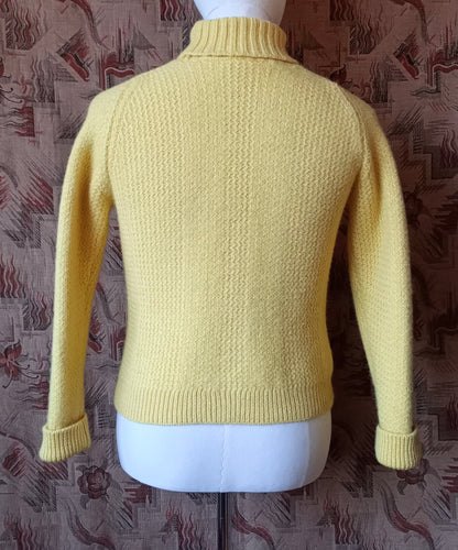Vintage Mens 1950s 1960s Roll Neck Jumper Sweater Pullover Fancy Rib Ribbed Yellow Wool S