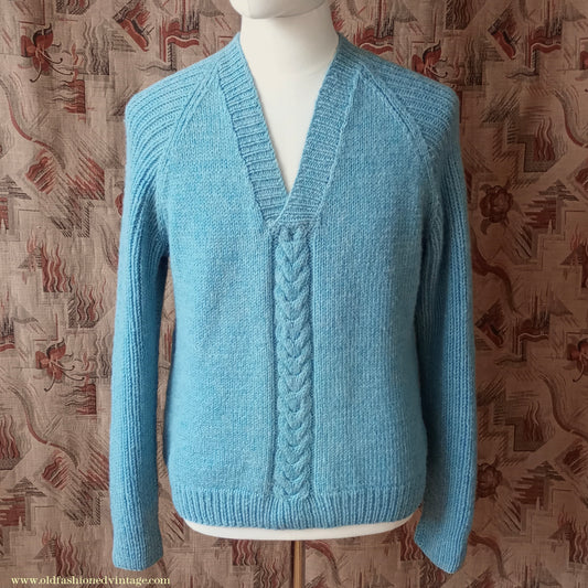 Vintage Mens 1960s Hand Knitted V Neck Jumper Blue Wool Cable Ribbed Raglan Sleeves L